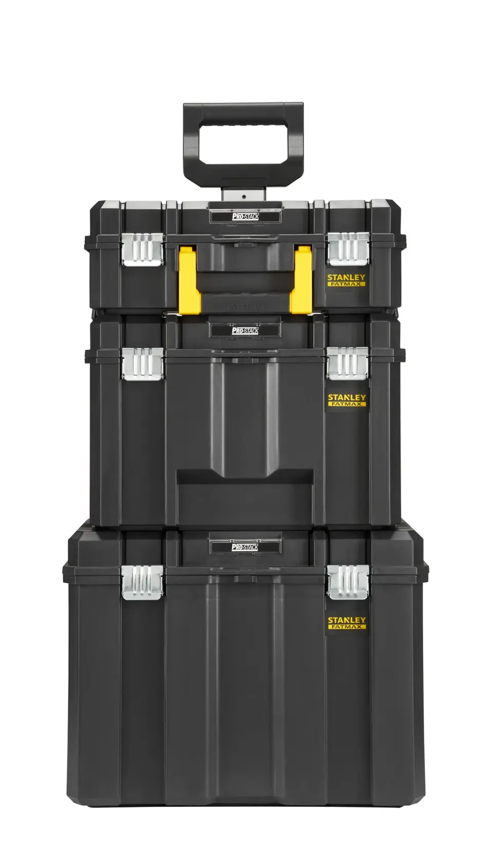 Stanley FMST75753-9 stackable black toolboxes with handle, front view, photography.