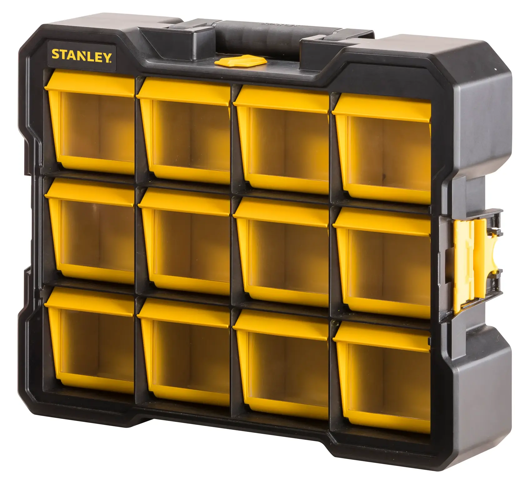 Stanley organizer case with 12 yellow compartments, sturdy black frame, and handle for easy carrying.