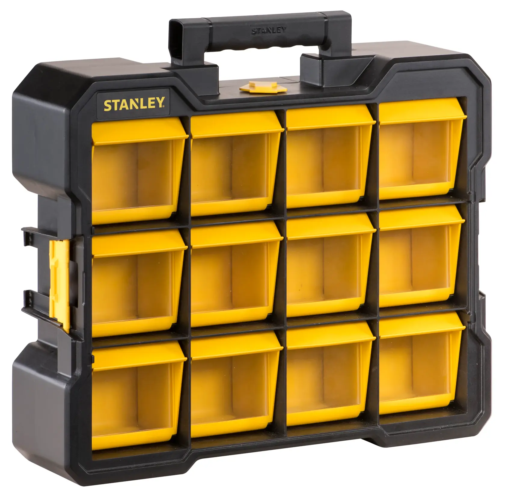 STANLEY FMST81077-1 organizer with twelve yellow removable bins, black case, front angle.