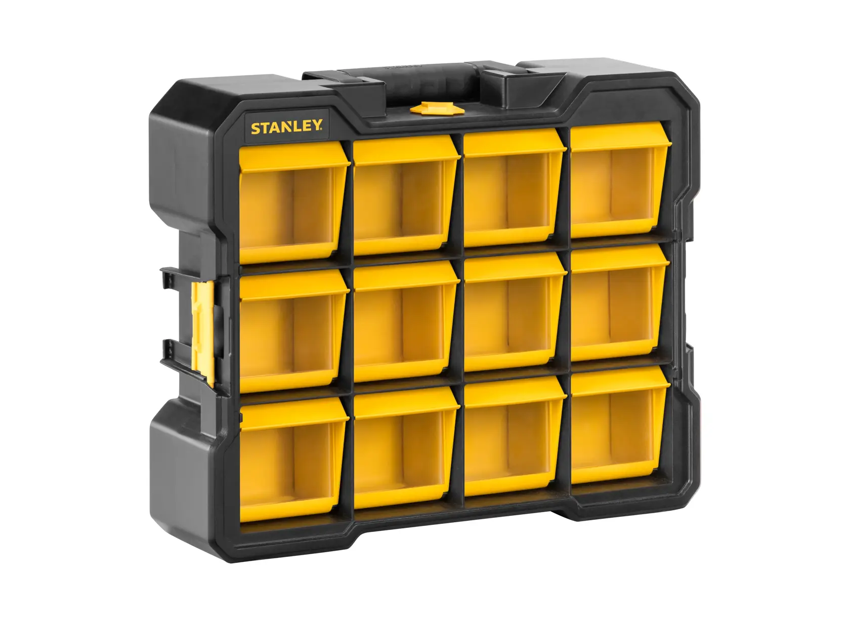 STANLEY organizer case with 12 yellow bins for small items, black plastic body, portable handle on top.
