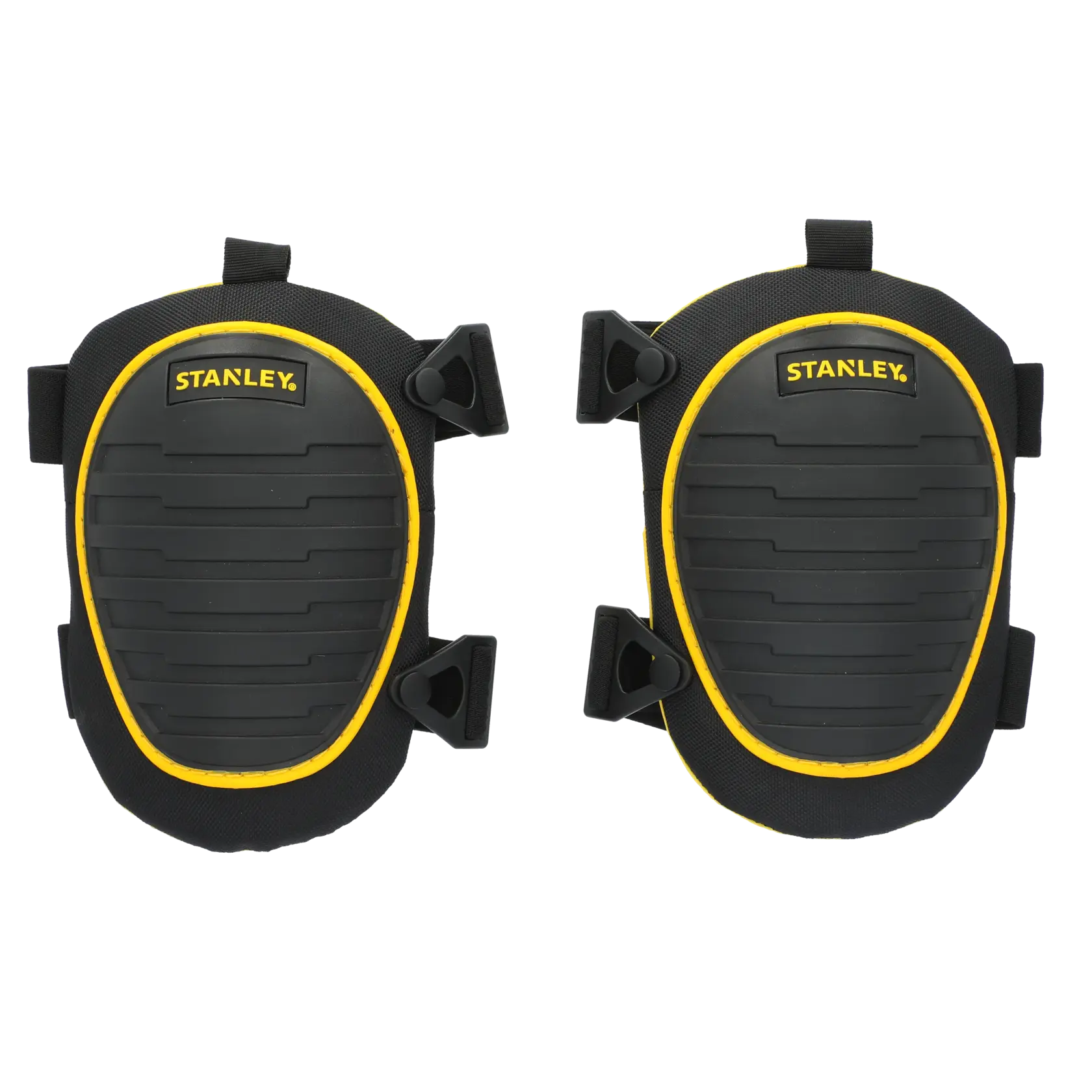 STANLEY FMST82961-1 knee pads, black and yellow, hard shell, front angle, construction safety gear.