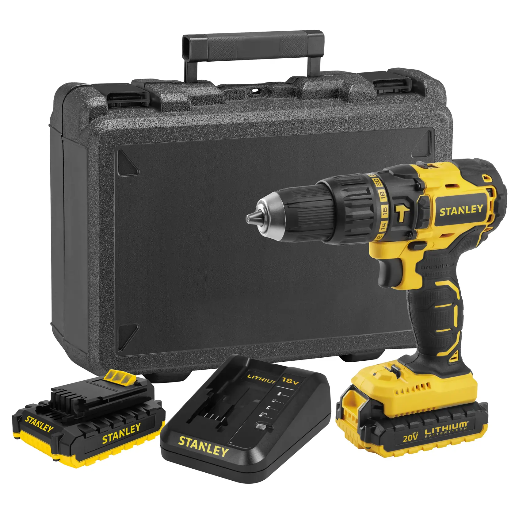 STANLEY SBH20S2K cordless drill kit front angle with case, charger, and batteries.