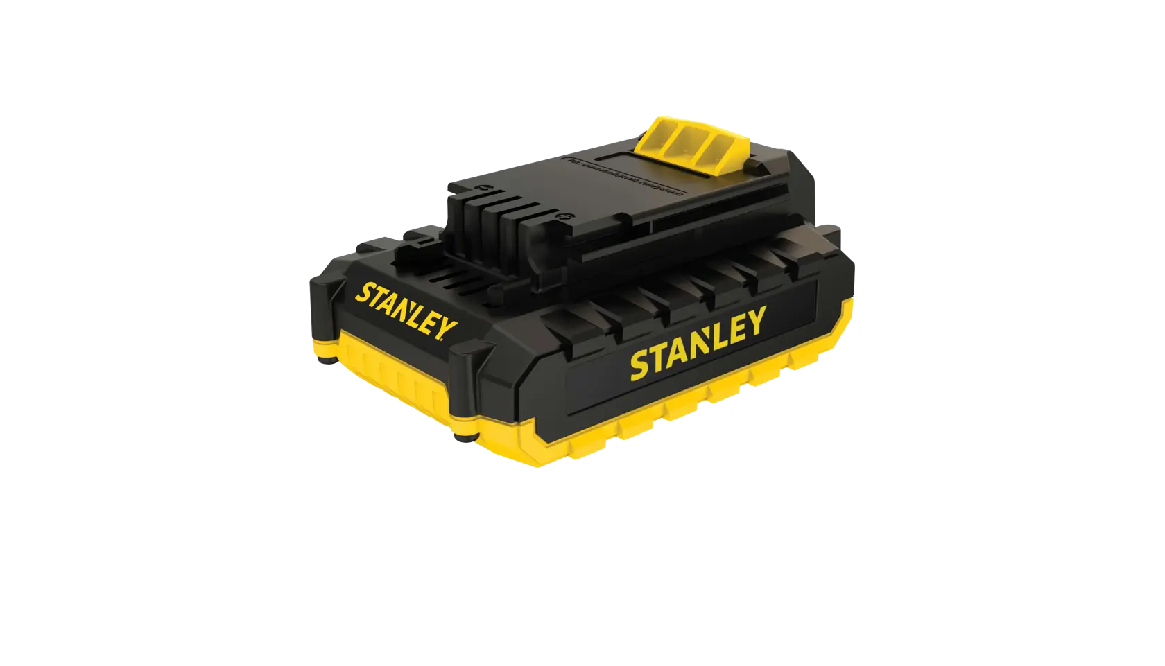 Stanley SBI20S2K black and yellow battery pack photography, angled on white background.