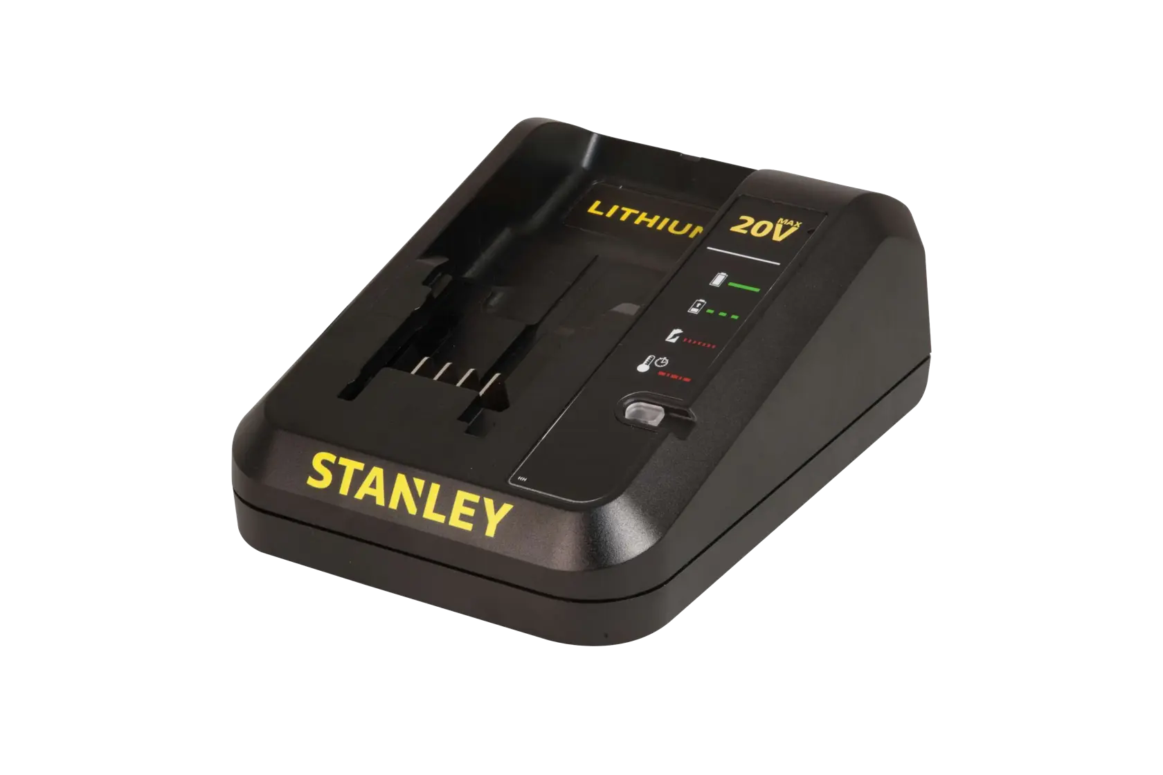 Photo of STANLEY SBI20S2K battery charger, black with yellow logo, angled view, for 20V lithium batteries.