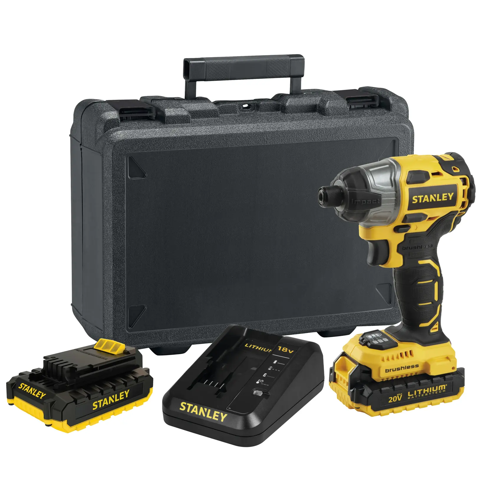 STANLEY SBI20S2K brushless impact driver kit with battery, charger, and black carrying case, front angle.