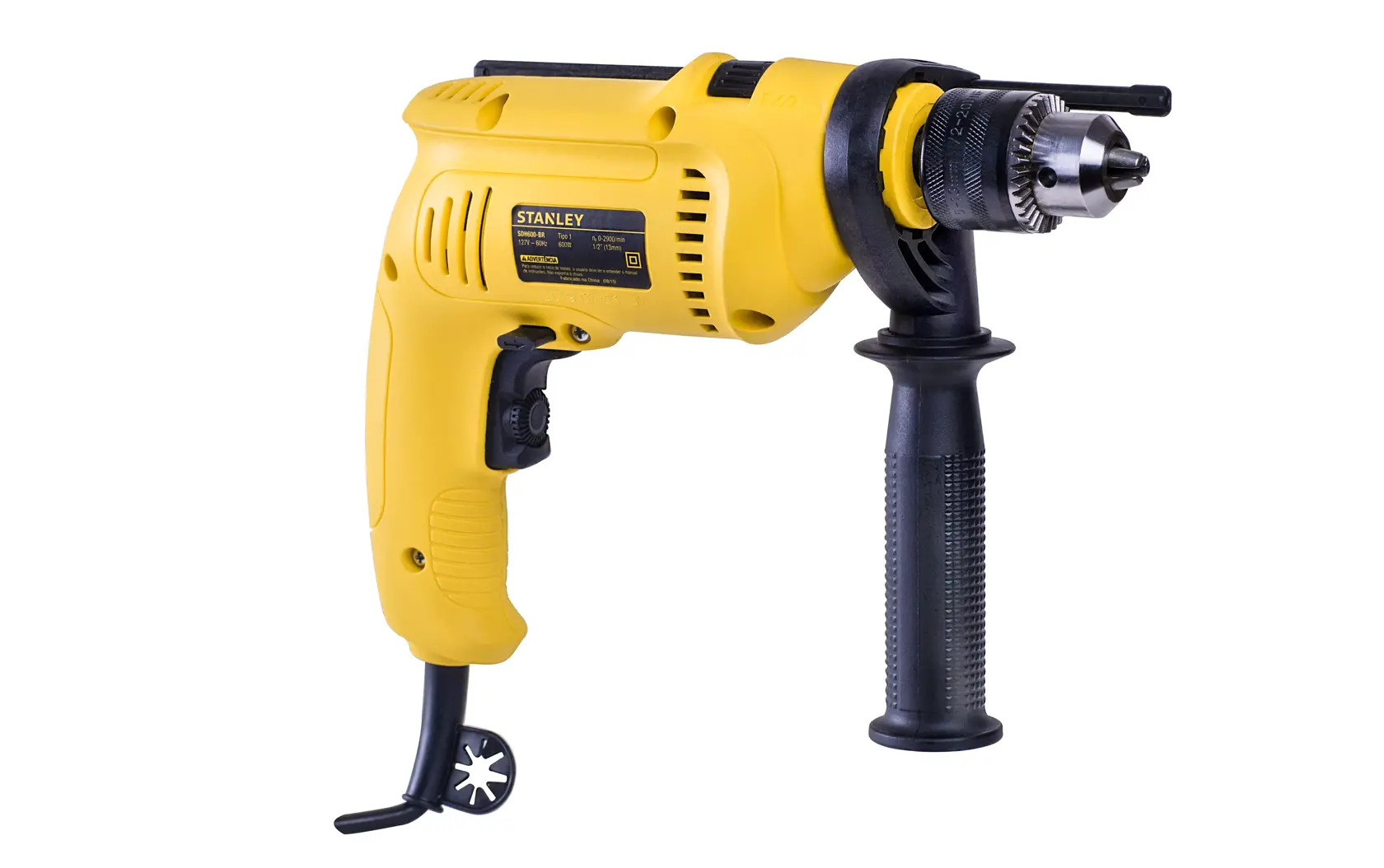 Stanley SDH600 yellow corded drill with side handle, product photography on white background.