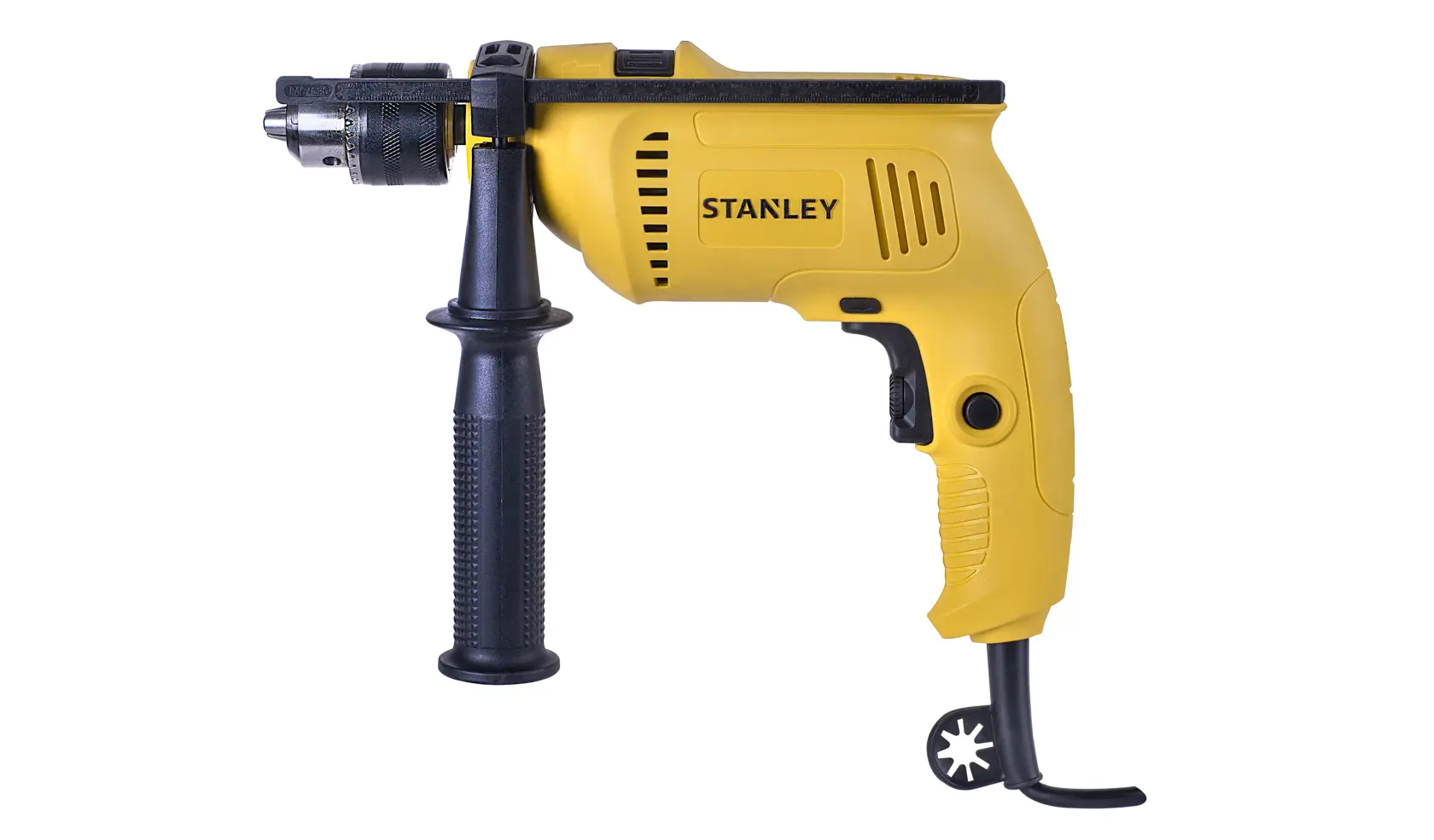 Stanley SDH600 yellow corded hammer drill, side view, with black handle and chuck on white background.