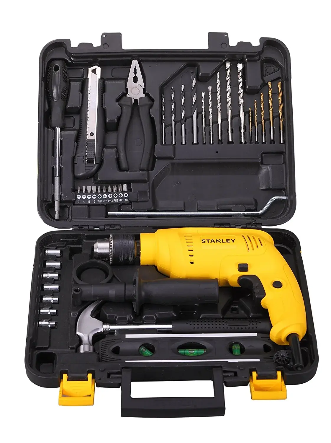 STANLEY SDH600 tool kit photography, yellow drill and accessories in open black carrying case, front angle.