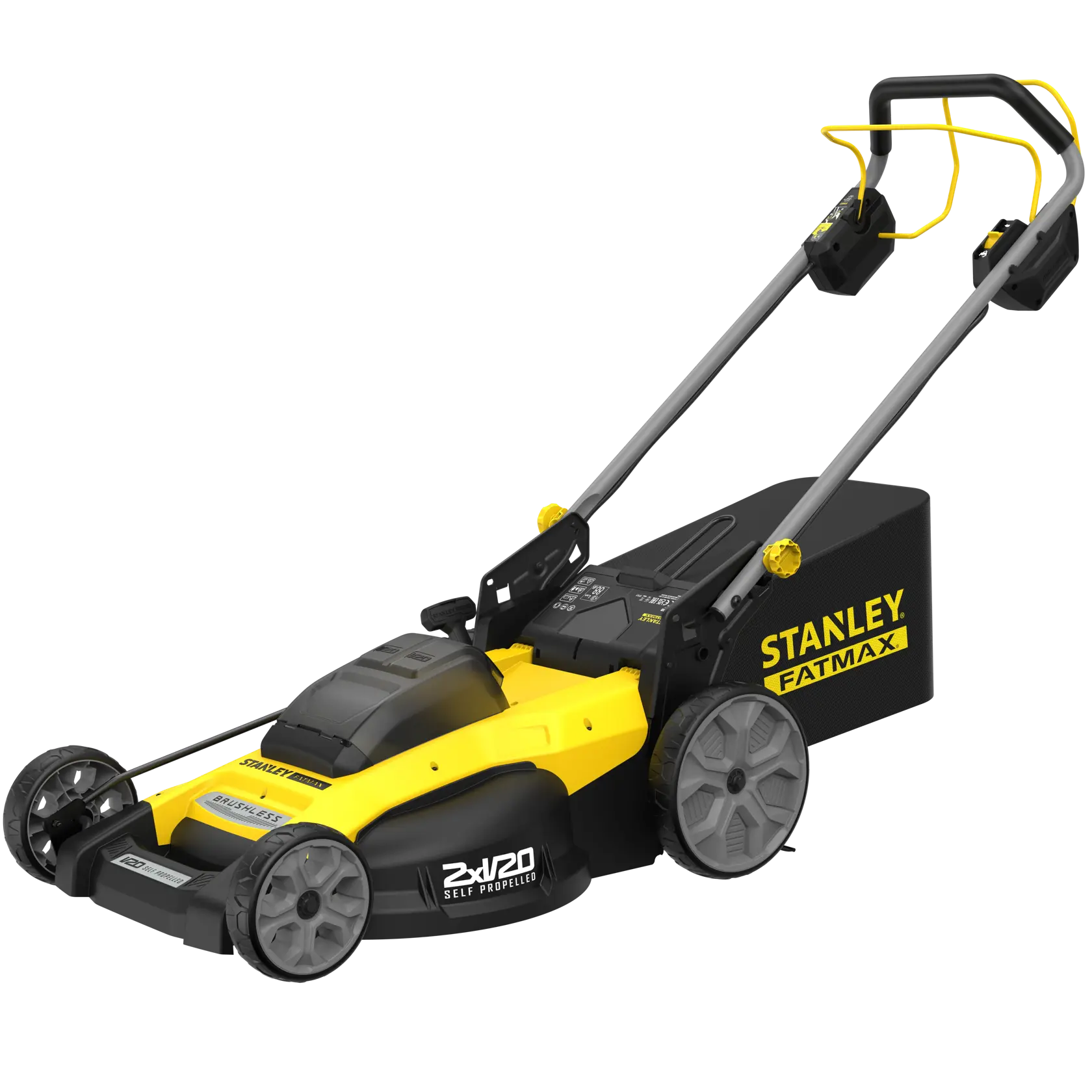 Photo of STANLEY SFMCMWS251B self-propelled yellow and black cordless lawn mower, side angle, with grass bag attached.