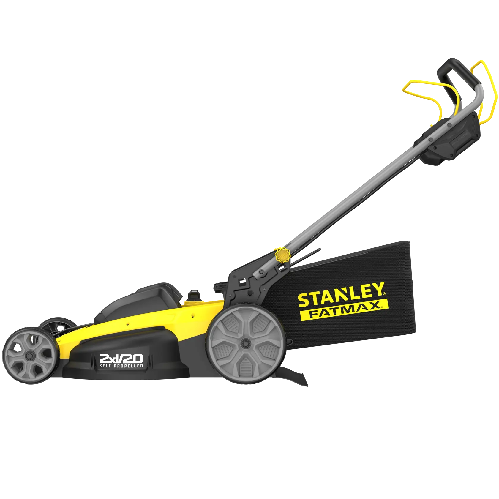 Photo of STANLEY SFMCMWS251M lawn mower, yellow and black, side angle on white background.