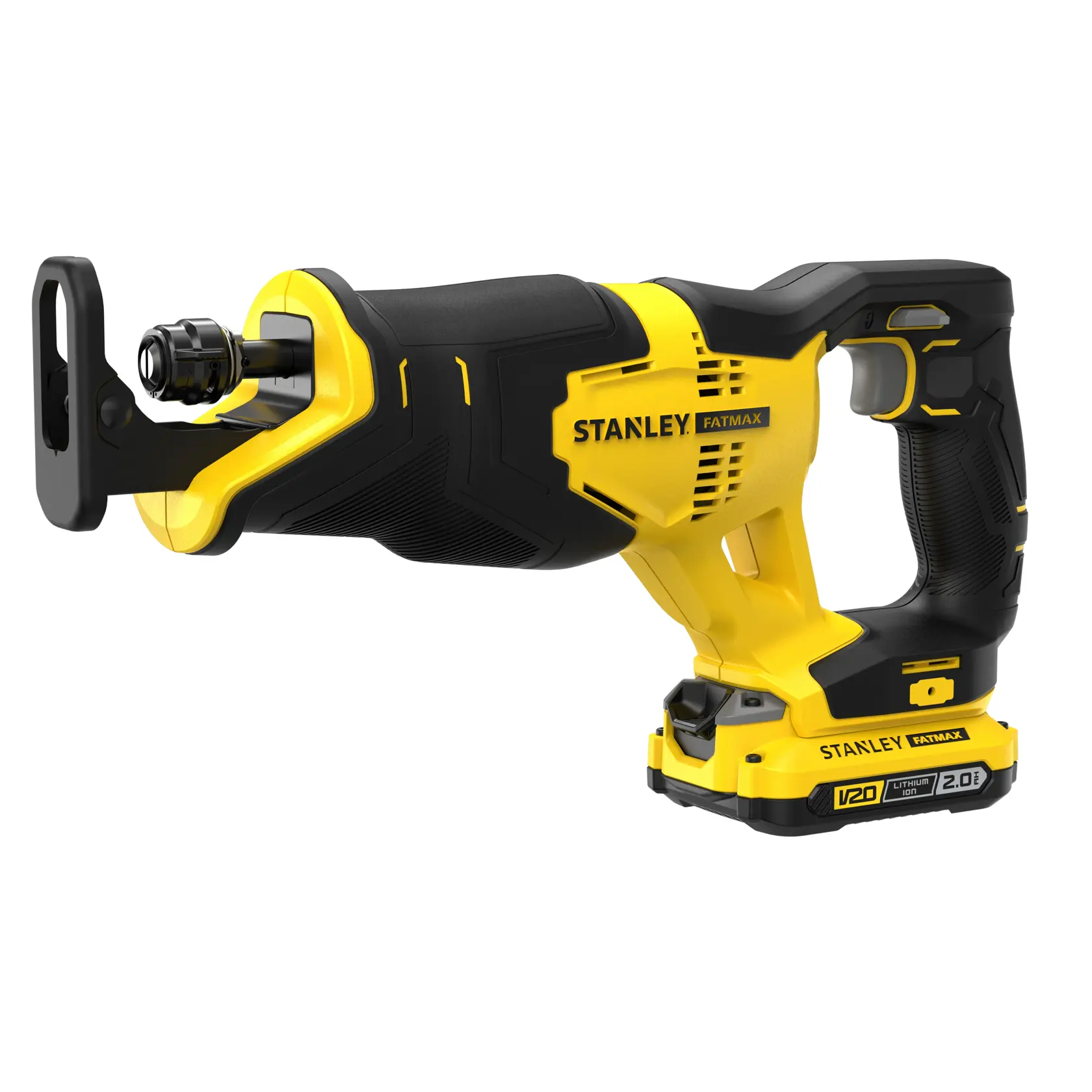 STANLEY SFMCS300D1K yellow and black cordless reciprocating saw, FATMAX series, side view on white background.