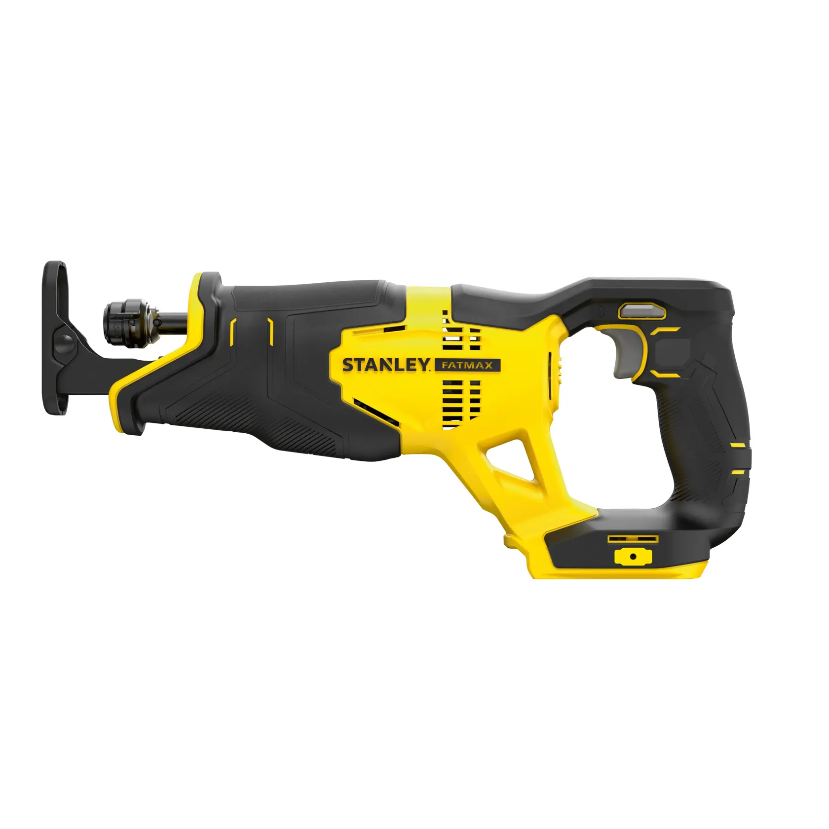 STANLEY SFMCS300D1K FATMAX yellow and black cordless reciprocating saw, side view on white background.