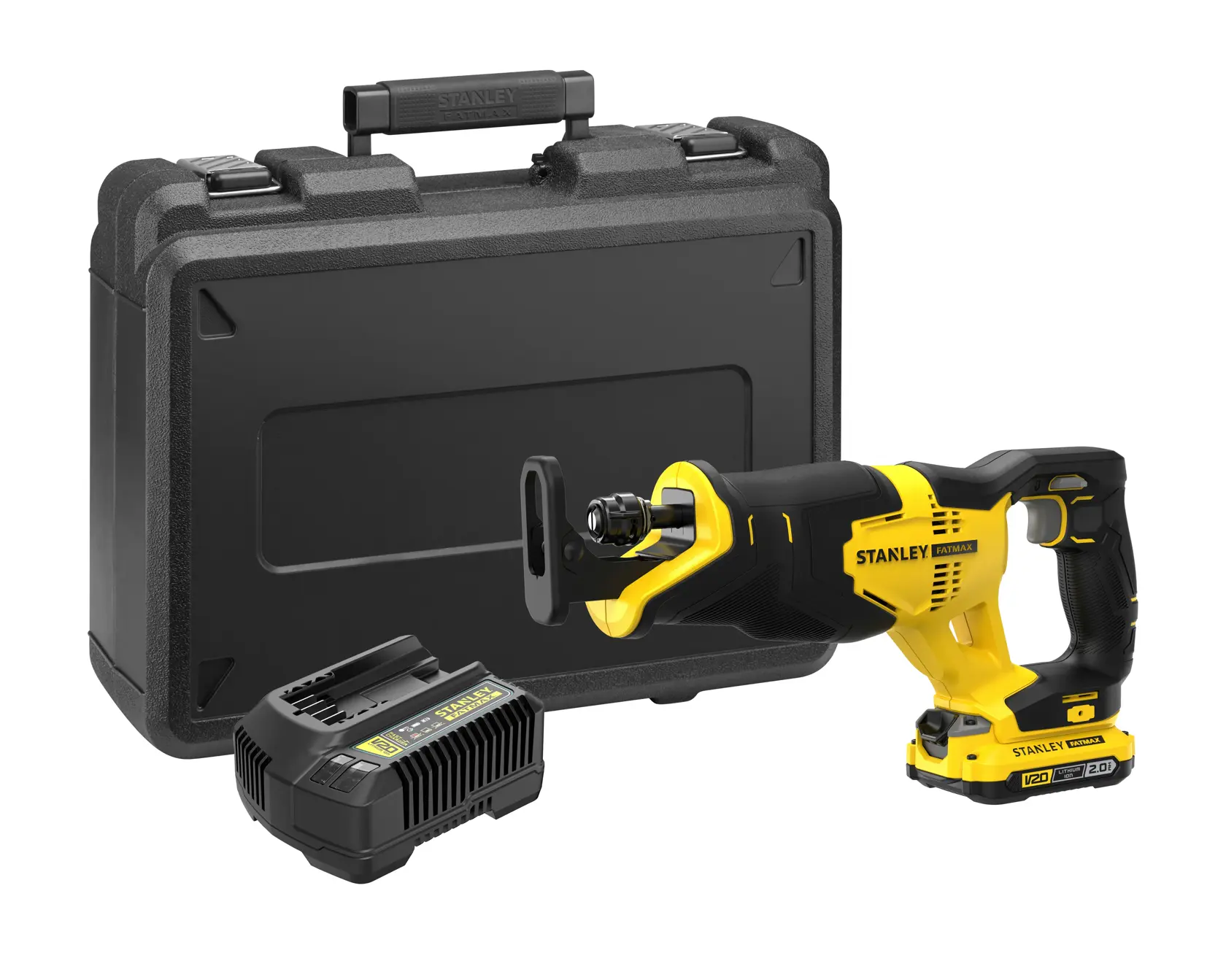 STANLEY SFMCS300D1K cordless reciprocating saw kit with charger and black carrying case, front angle.