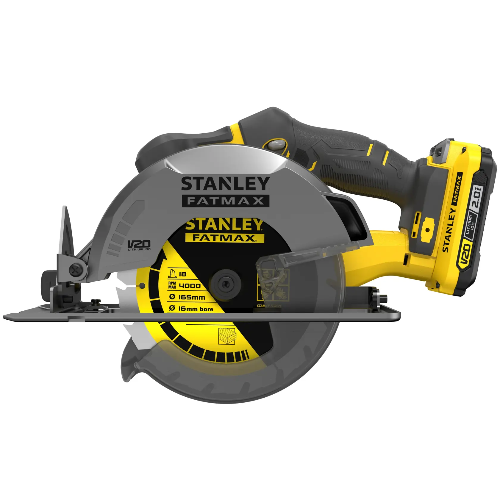 STANLEY SFMCS500D1K cordless circular saw, FATMAX series, side view, yellow and black design.