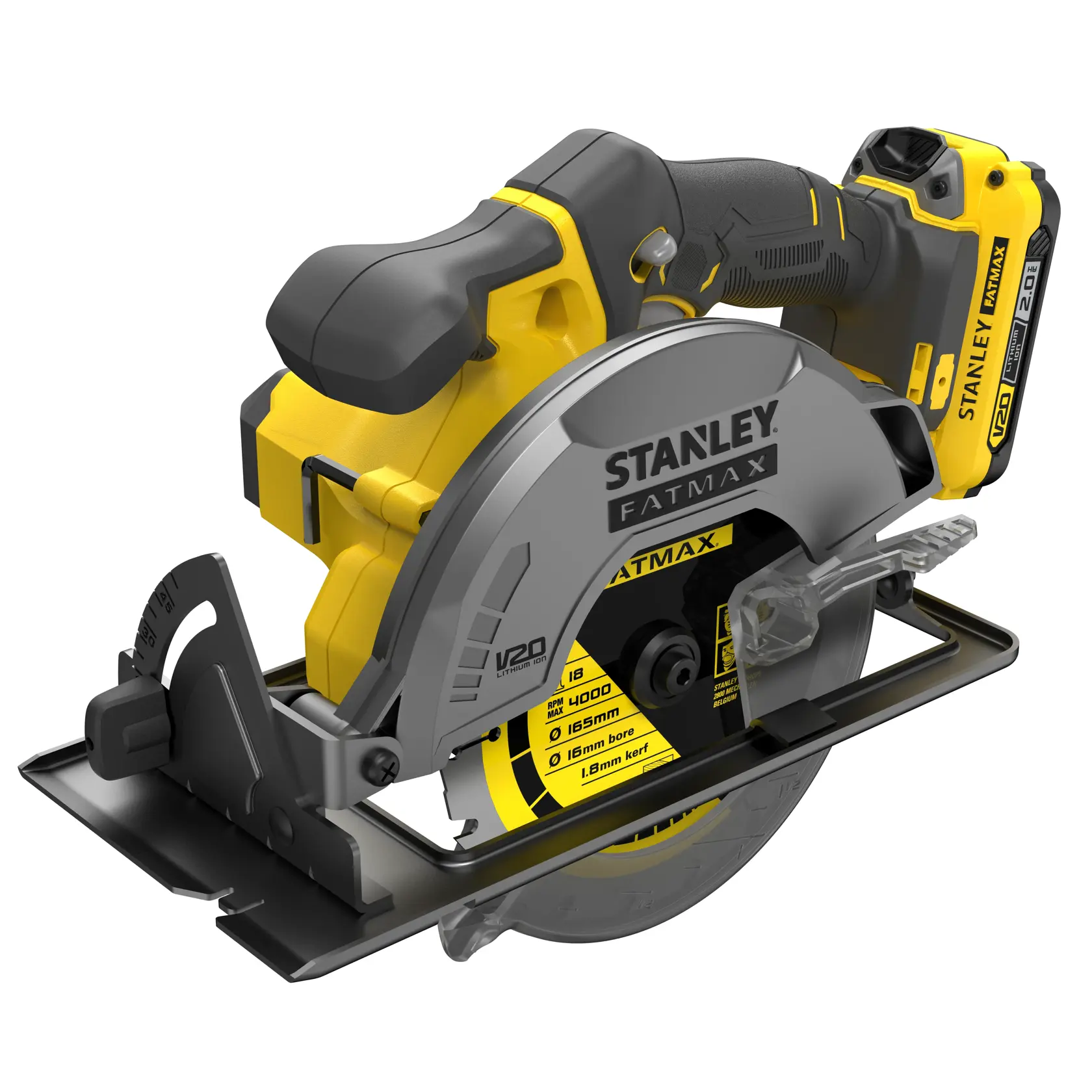 STANLEY SFMCS500D1K cordless circular saw, black and yellow, left angle on white background.
