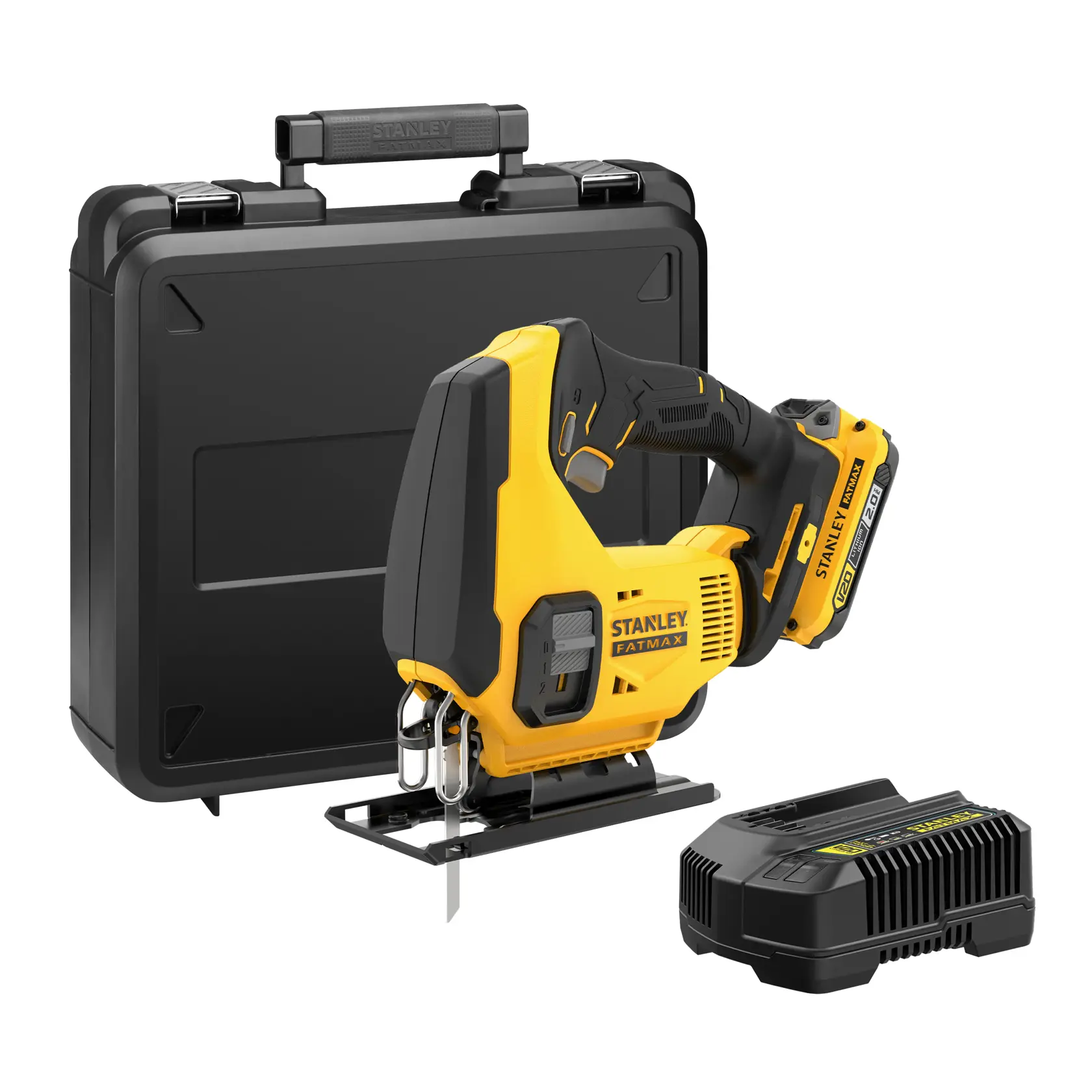 Yellow and black STANLEY cordless jigsaw tool with ergonomic handle and adjustable settings.