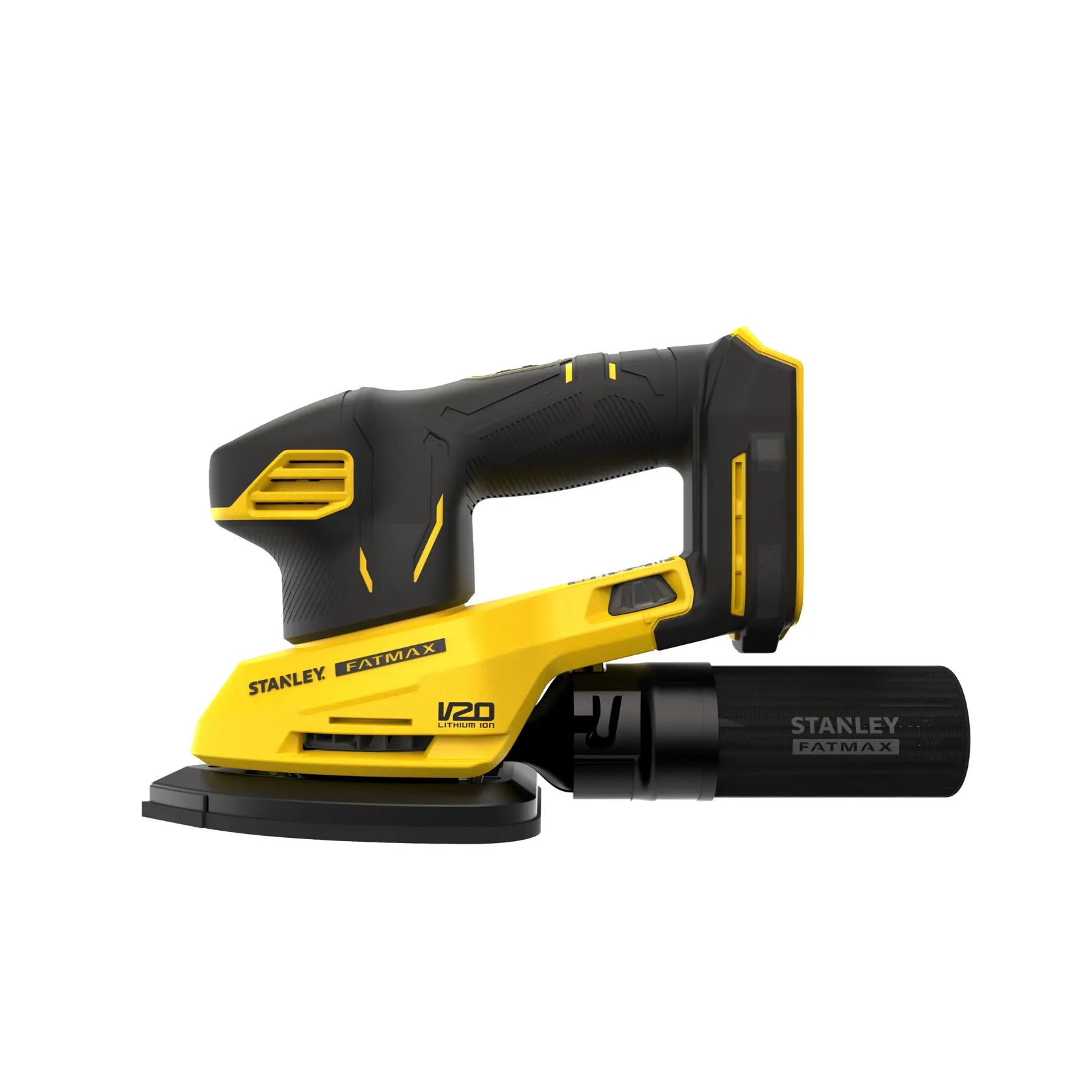 Photo of STANLEY SFMCW221B cordless sander, yellow and black, side angle view on white background.