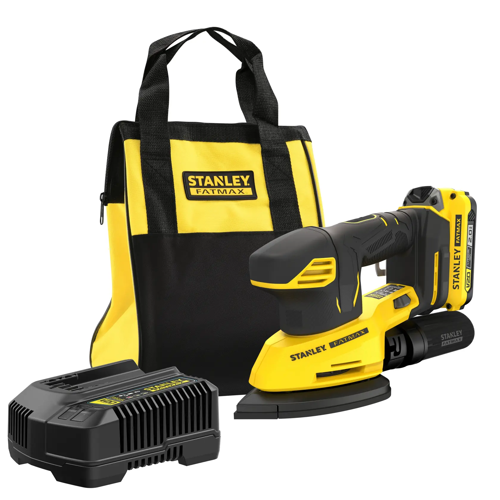 Stanley SFMCW221D1S cordless sander and carry bag front angle, yellow and black design.