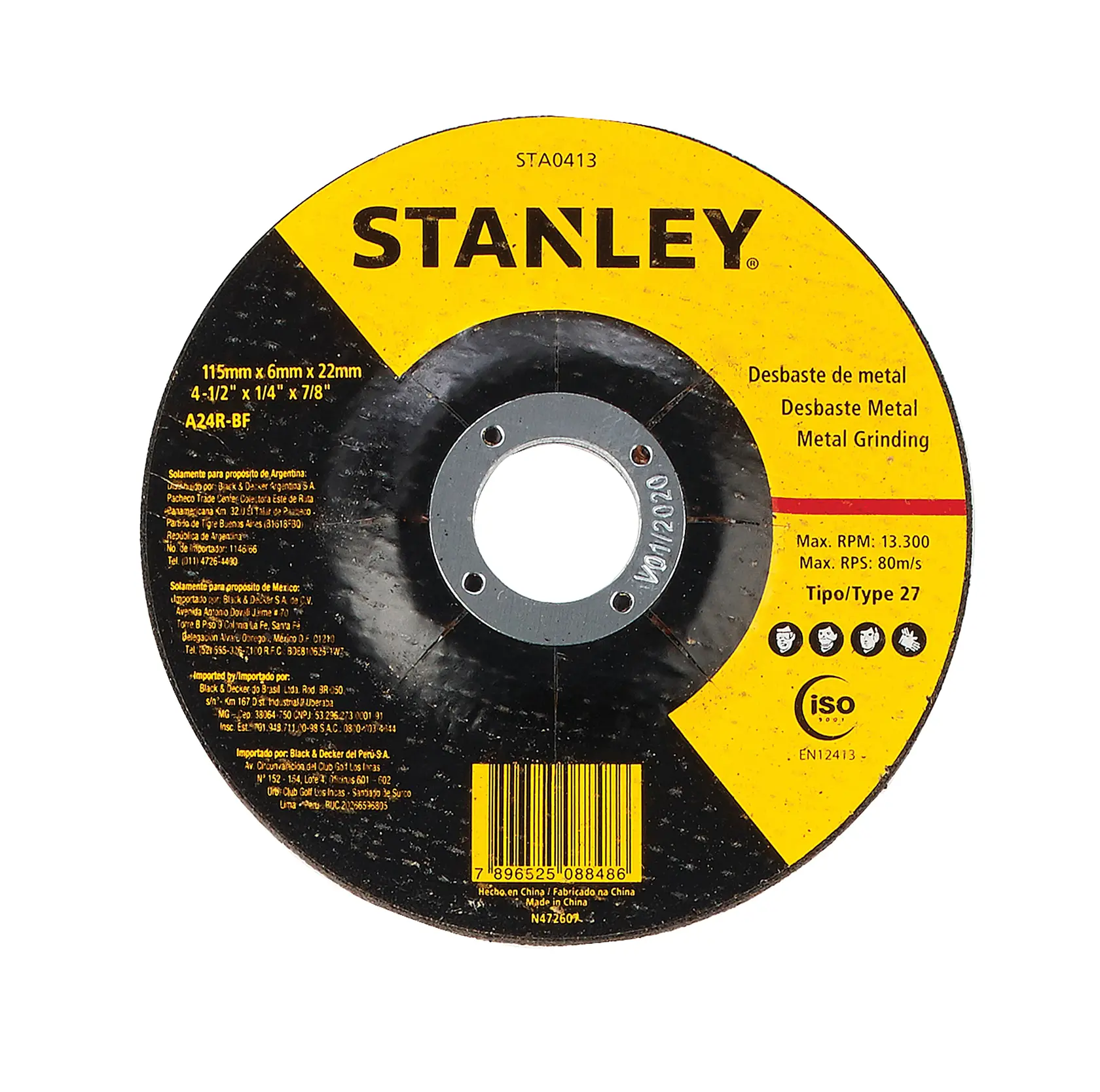 STANLEY STA0413 metal grinding disc with yellow and black label, front angle, 115mm x 6mm x 22mm, Type 27.