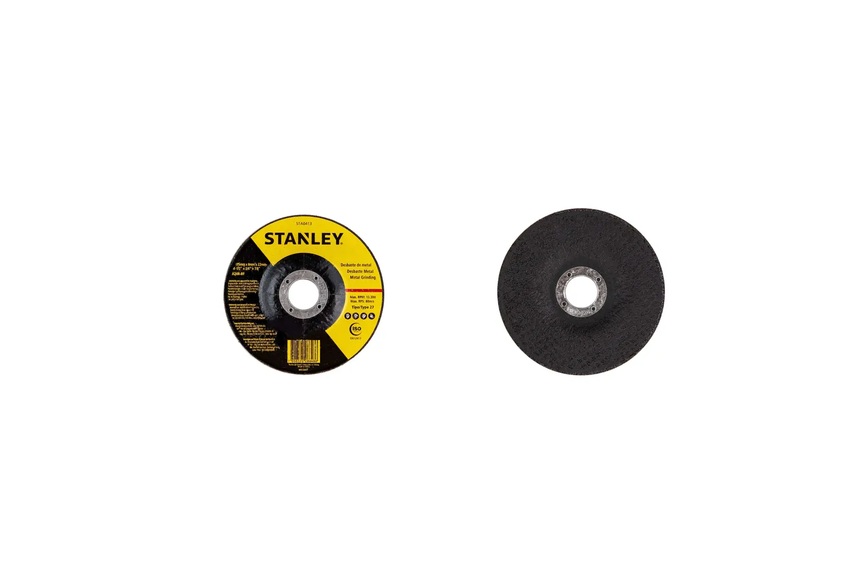 STANLEY STA0413 cutting disc, black with yellow label, shown front and back on white background, photography.