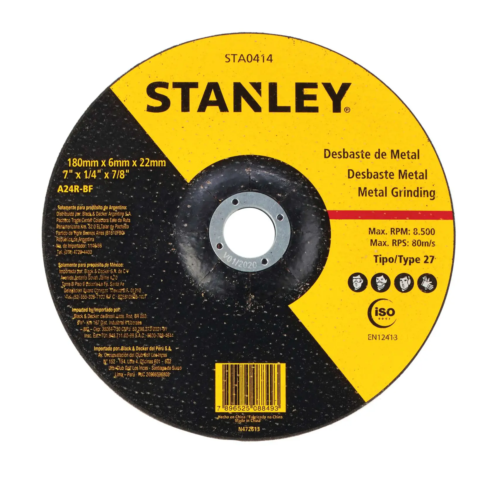 Stanley STA0414 metal grinding disc, yellow and black, photo of front label on white background.