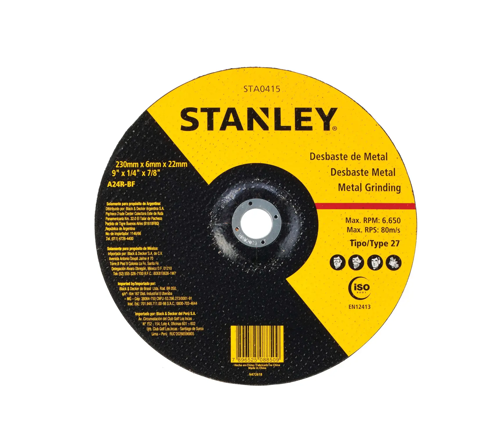 STANLEY STA0415 metal grinding disc, type 27, 230mm diameter, yellow and black, photography on white background.