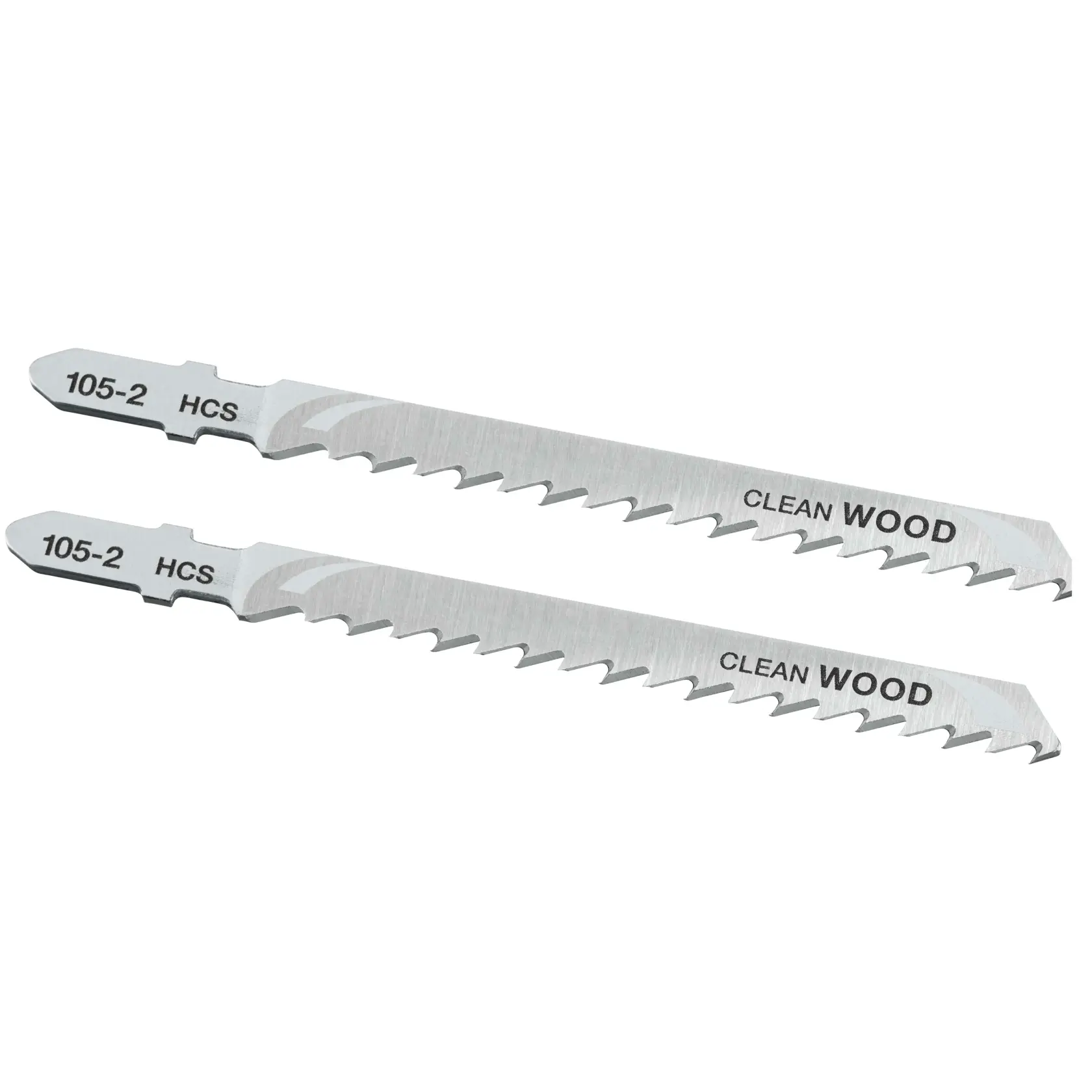 STANLEY STA21062 jigsaw blades for clean wood cutting, silver color, set of two, side angle on white background.