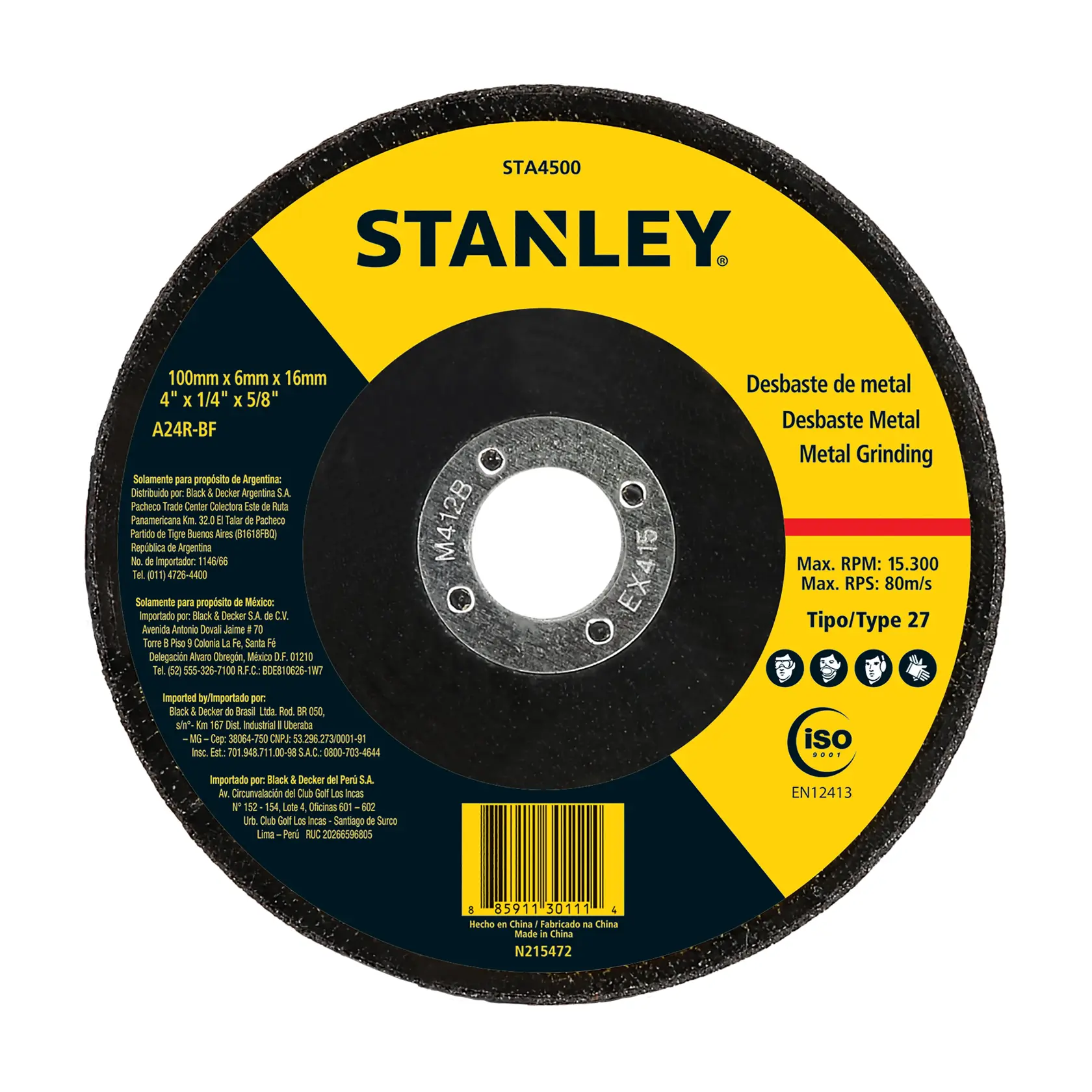 STANLEY STA4500 metal grinding disc, black and yellow, Type 27, 100mm x 6mm x 16mm, product photo, front angle.