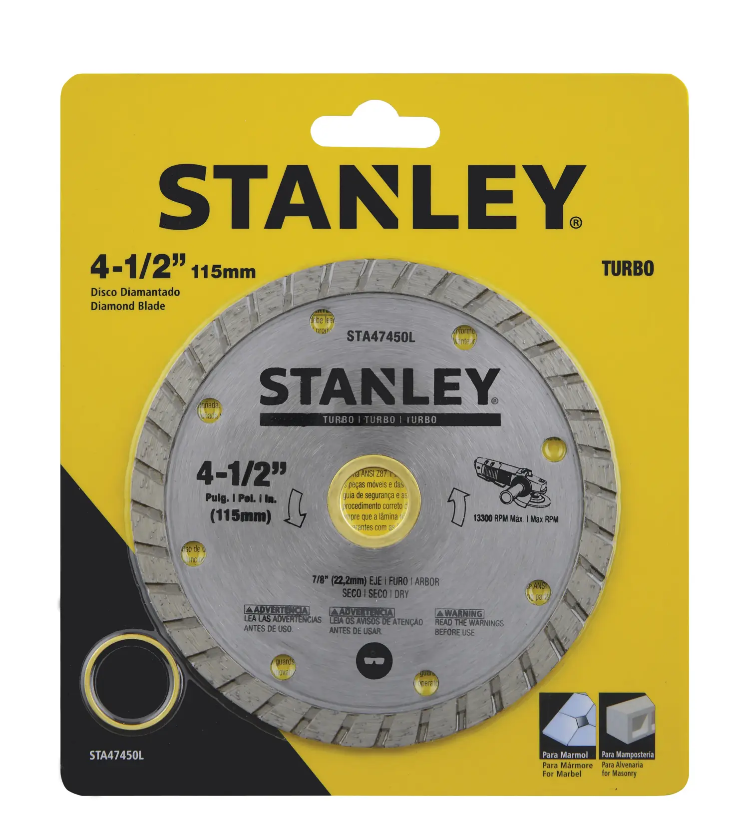 STANLEY STA47450L diamond blade, 4-1/2 inch, silver, in retail packaging, front angle.