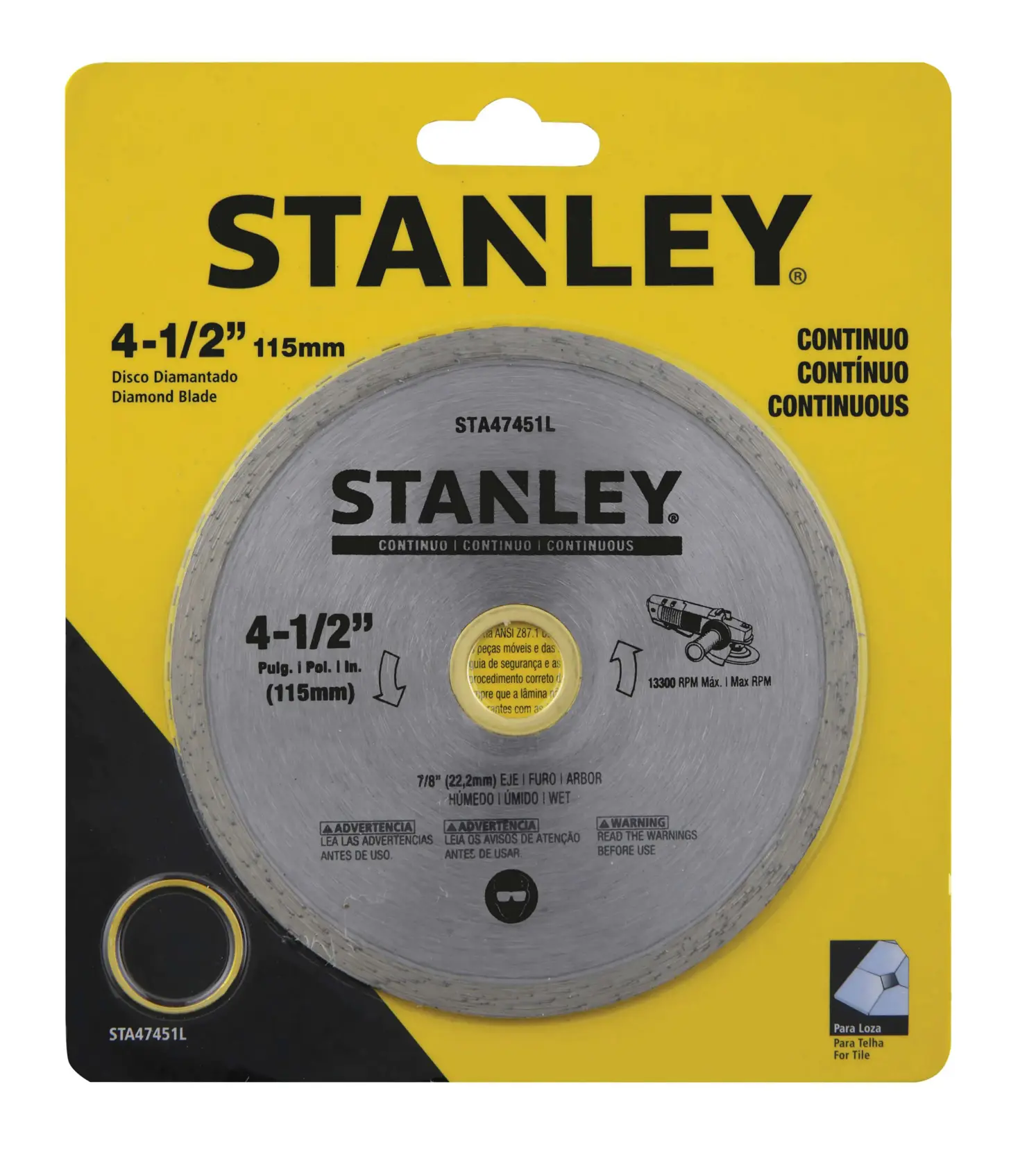 Photo of STANLEY STA47451L 4-1/2 inch diamond blade in yellow packaging, product category photography, front angle.