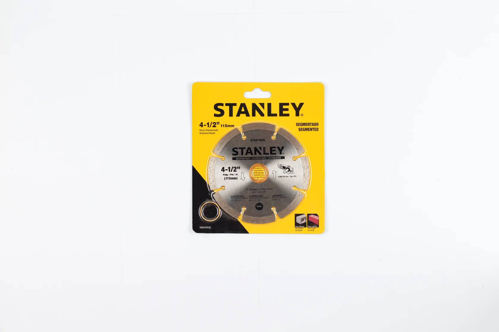 STANLEY STA47452L segmented saw blade in yellow retail packaging, photo from above on white background.