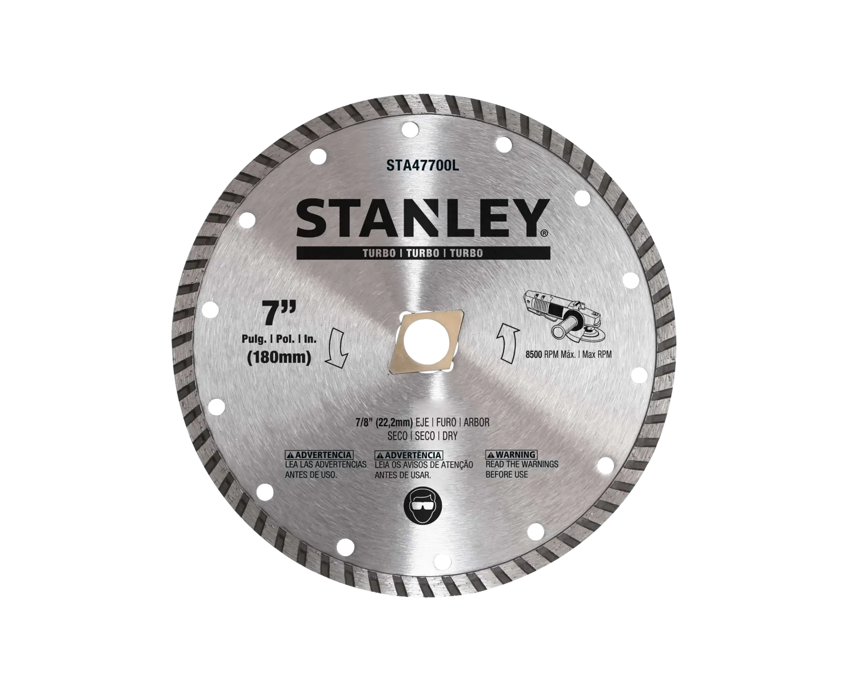 STANLEY STA47700L circular saw blade, segmented edge, silver and black, product top view photo.