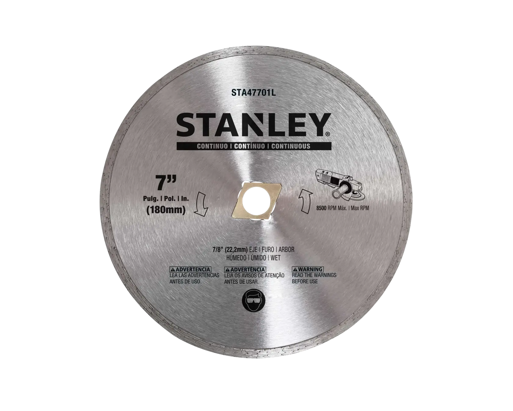 Photo of STANLEY STA47701L 7-inch continuous rim diamond saw blade, silver color, front angle, on white background.