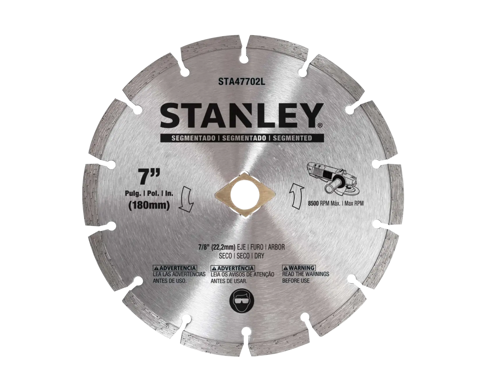 Photo of STANLEY STA47702L segmented 7-inch circular saw blade, silver, front angle on white background.