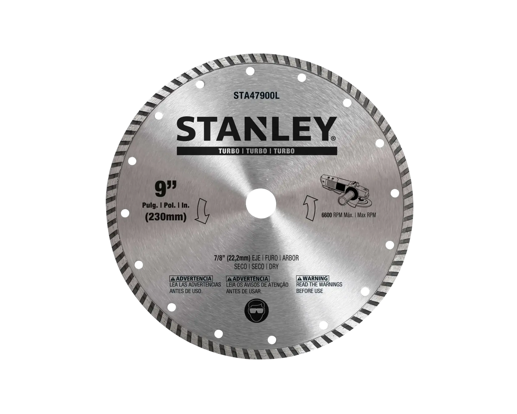 STANLEY STA47900L 9-inch turbo diamond saw blade, silver, front angle on white background.