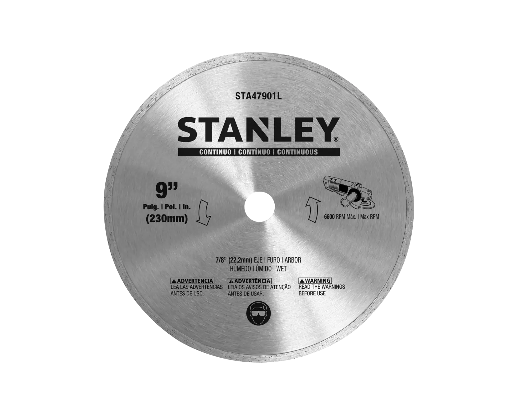 STANLEY STA47901L 9-inch continuous rim saw blade, silver, front angle, product photography.