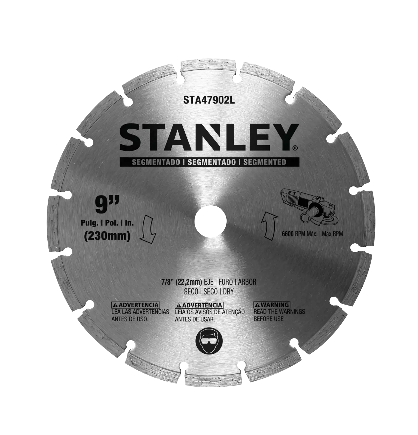 STANLEY STA47902L segmented diamond saw blade, 9 inch diameter, silver, product photo on white background.