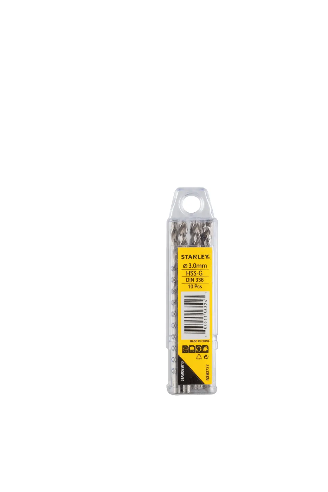 STANLEY STA50029B10 drill bit set, 10 pcs, in transparent packaging, front view, photography product.