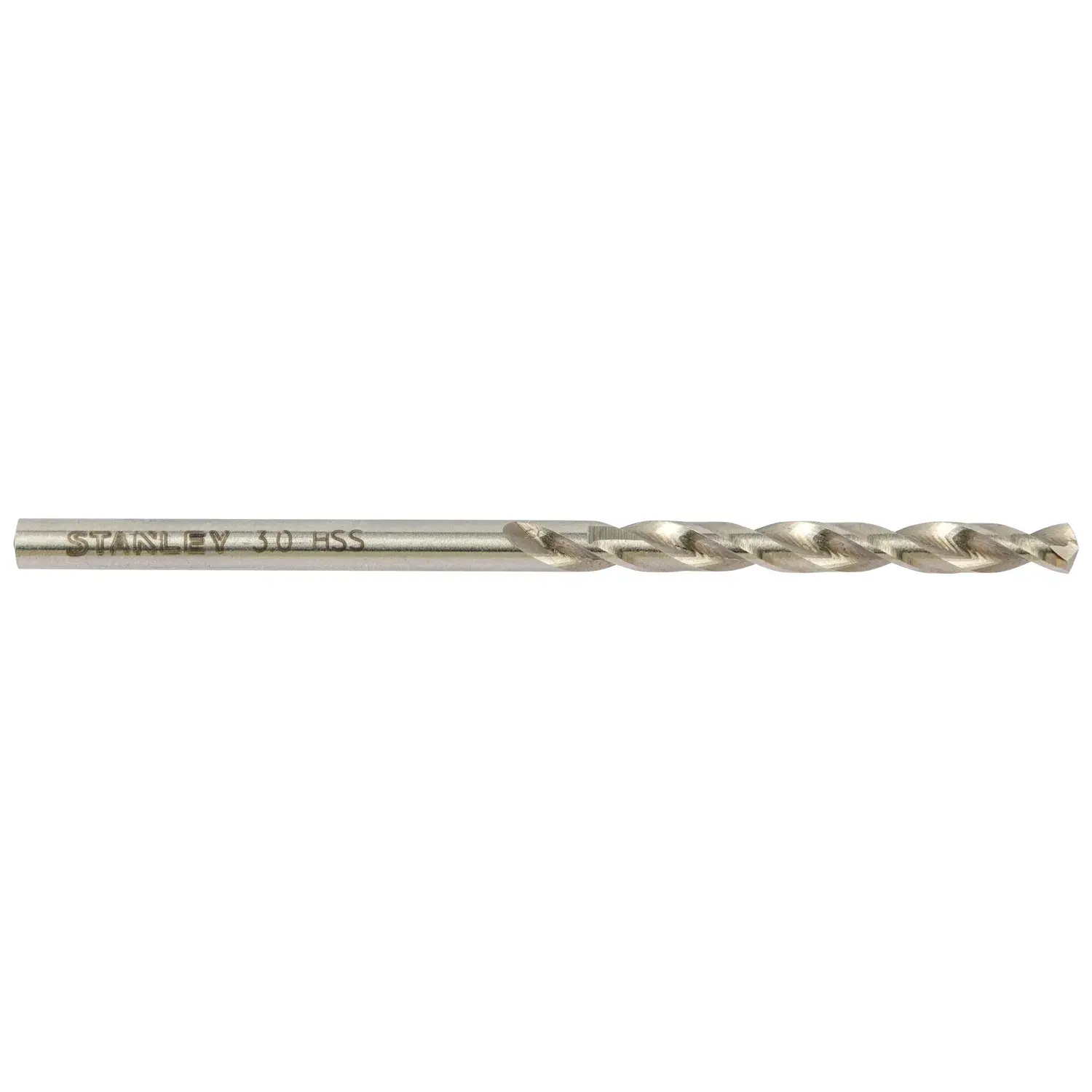 STANLEY STA50029B10 metal drill bit side view, silver finish, spiral flutes, on white background.