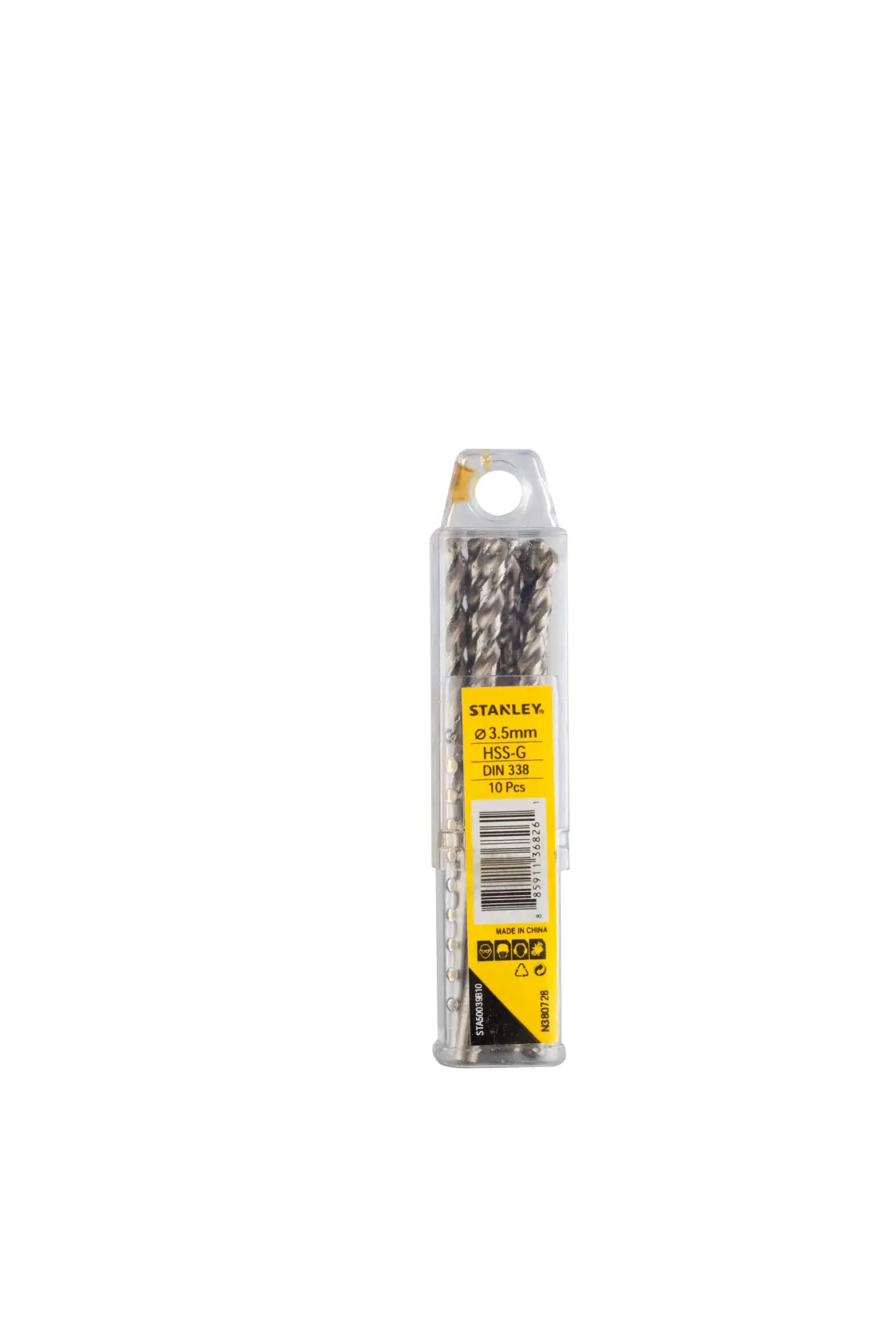 STANLEY STA50039B10 drill bit set, 3.5mm HSS-G, 10 pieces, front view on white background.