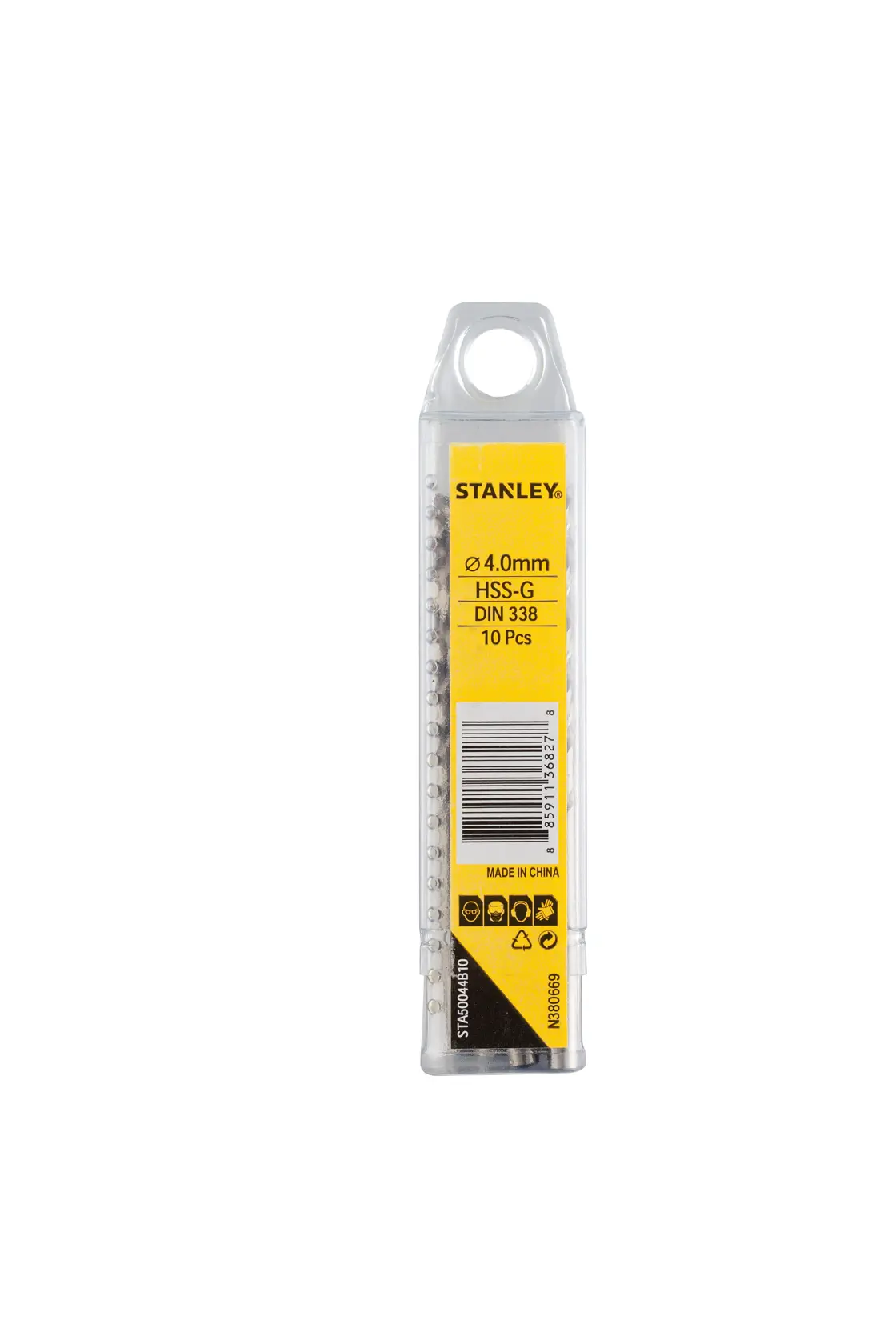 Photo of STANLEY STA50044B10 HSS-G 4.0mm drill bit pack, front view, yellow label, 10 pieces.