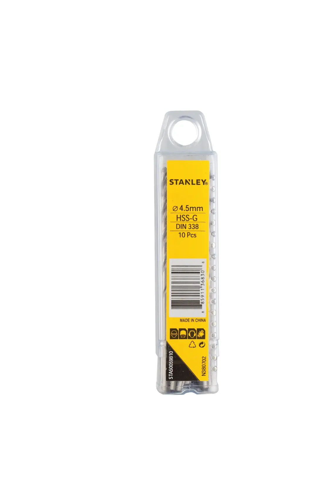 STANLEY STA50059B10 HSS-G drill bit set, 4.5mm, 10 pieces, front view with yellow label in plastic box.