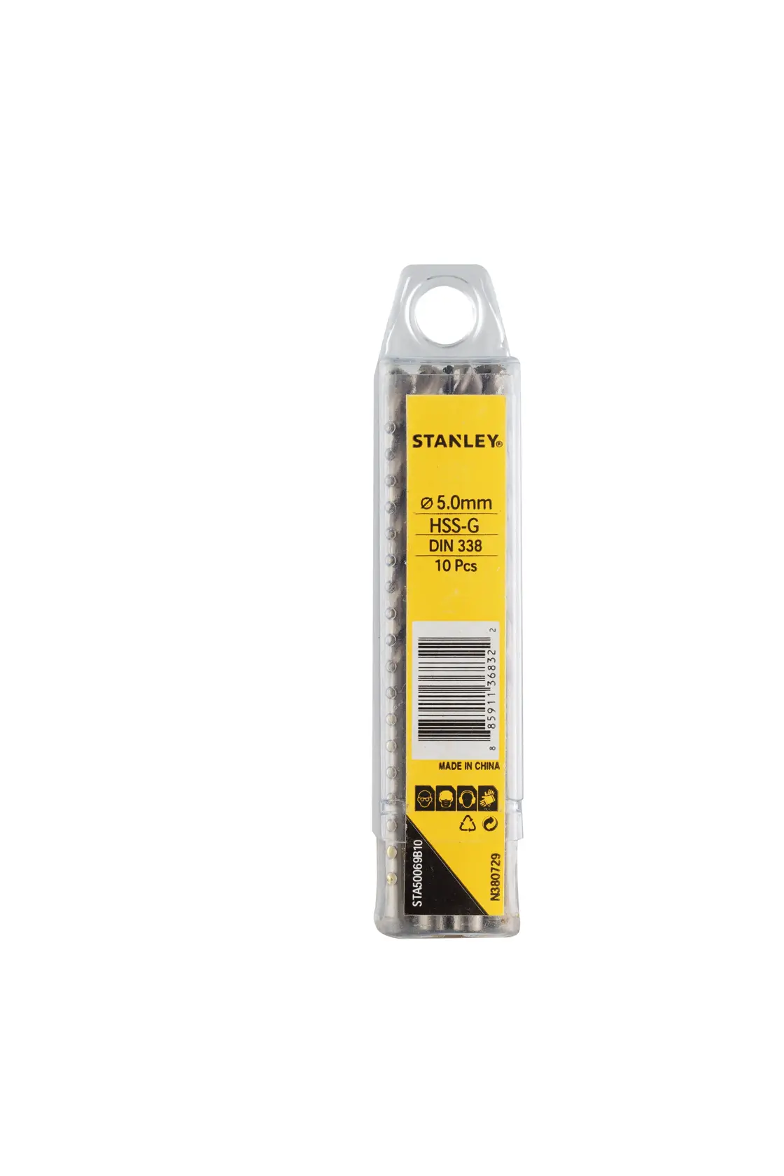Photo of STANLEY STA50069B10 drill bits pack, yellow label, front view, 5.0mm, 10 pieces.