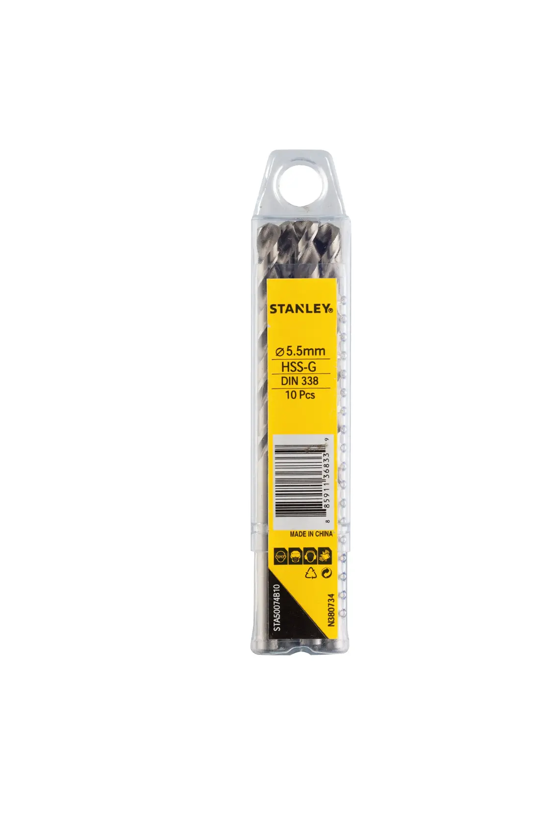 STANLEY STA50074B10 HSS-G drill bit set pack, 5.5mm, front angle, on white background.