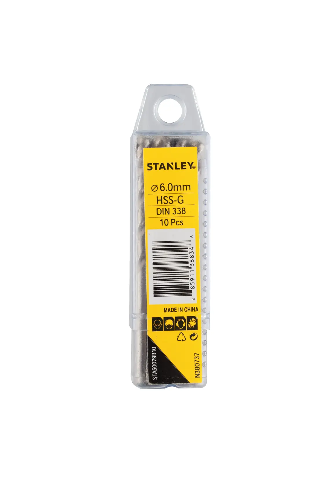STANLEY STA50079B10 HSS-G 6.0mm drill bits pack, front view, yellow label, 10 pieces.