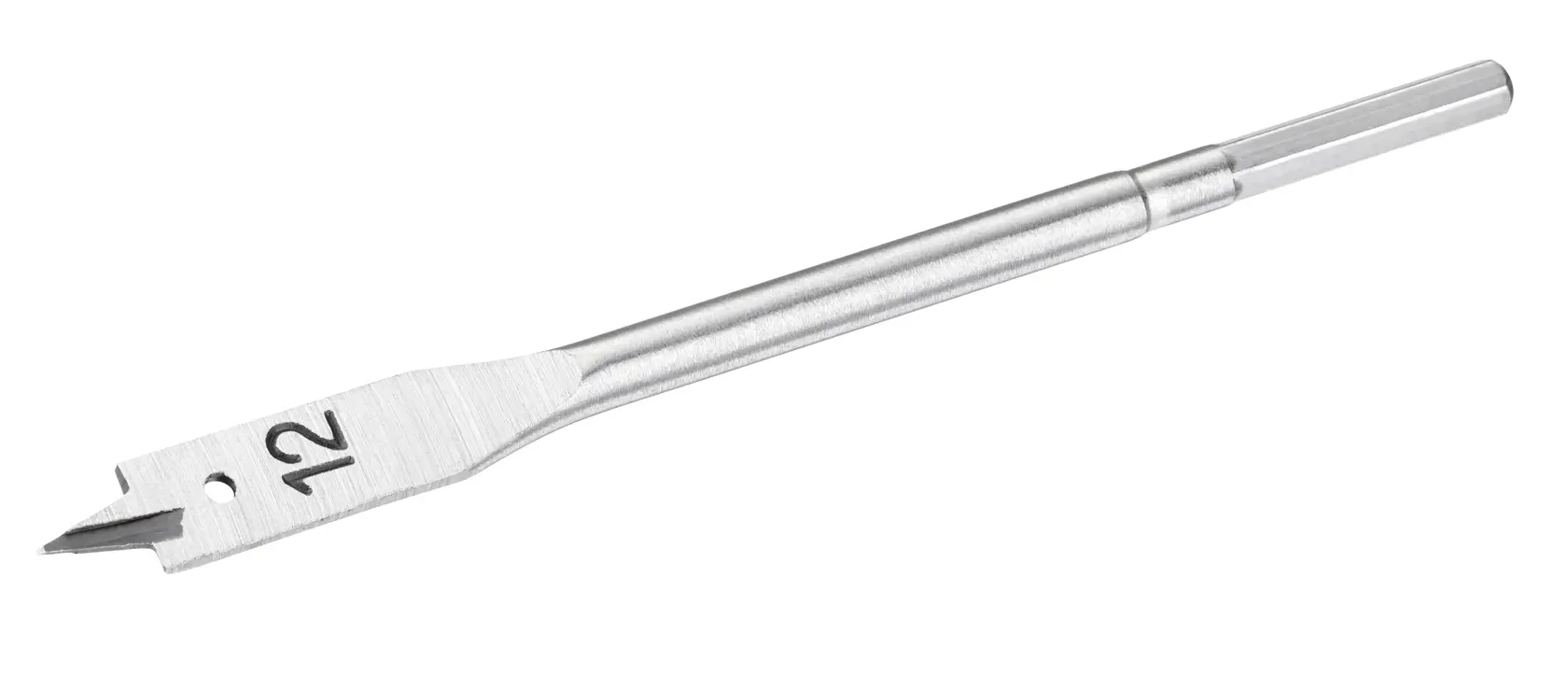 Flat wood drill bit with 12 mm marking, silver in color, designed for precision drilling in woodworking.