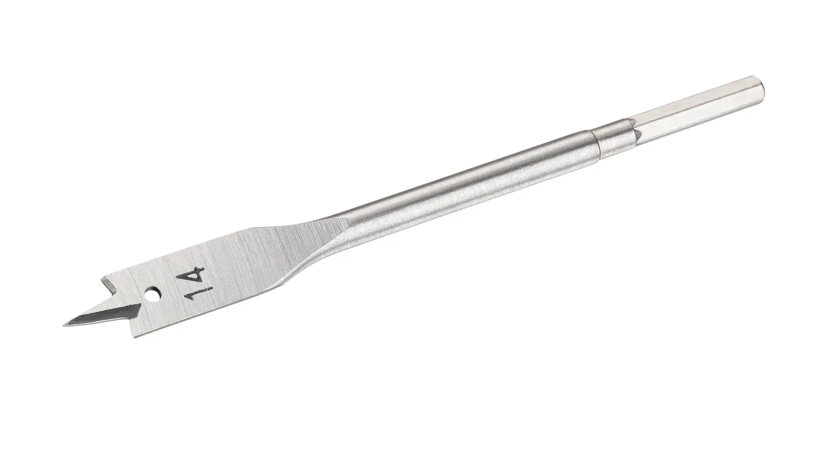 Metal flat wood drill bit with pointed tip, marked 14, isolated on white background.