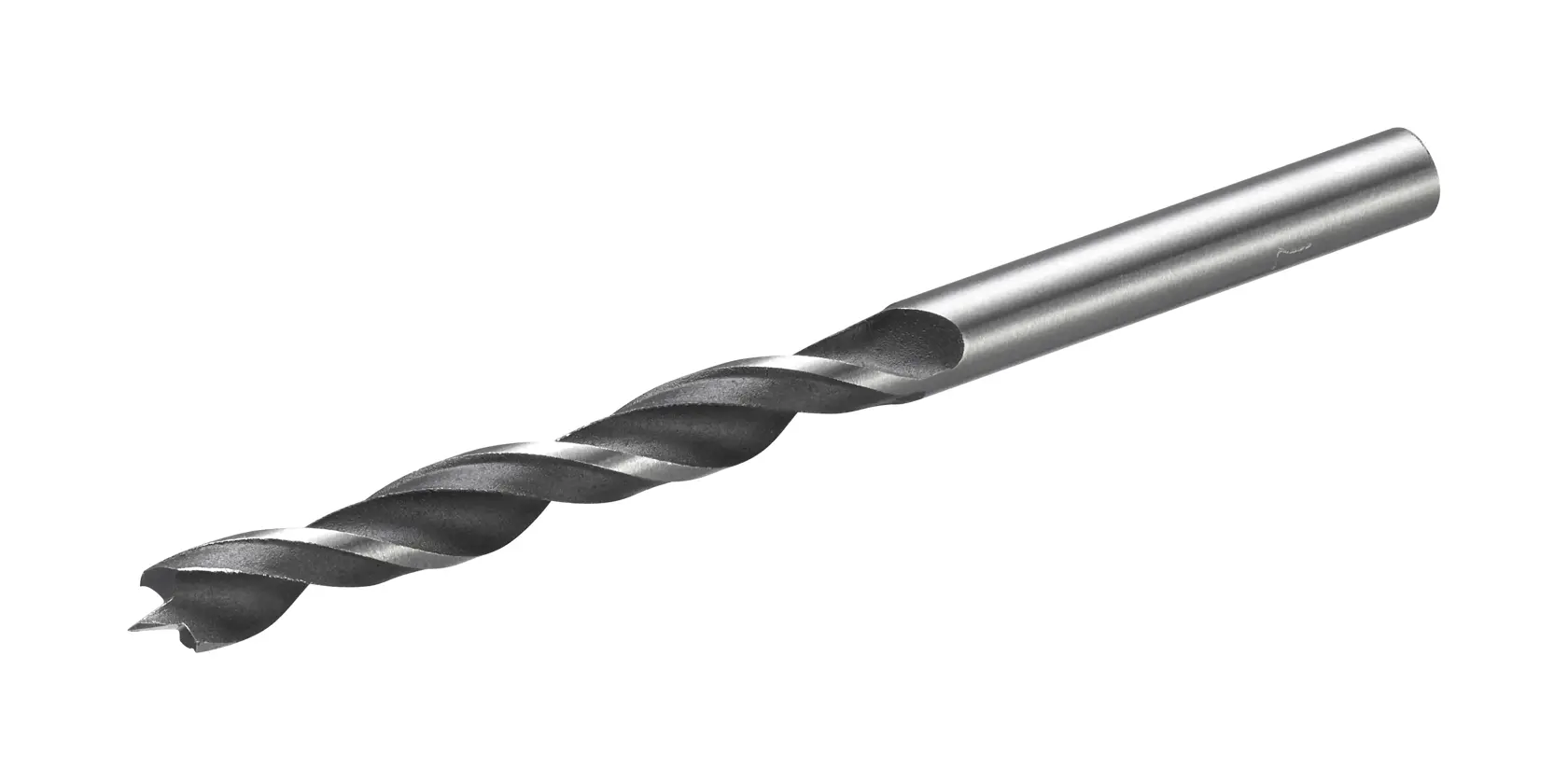 STANLEY STA52021 wood drill bit, silver, spiral flute, side angle, photography on white background.