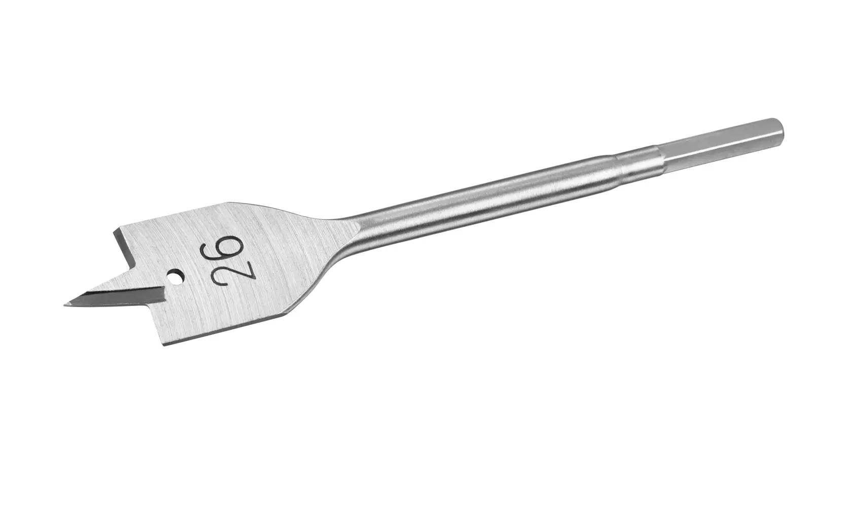 STANLEY STA52055 flat wood drill bit, silver, size 26 mm, photography on white background.