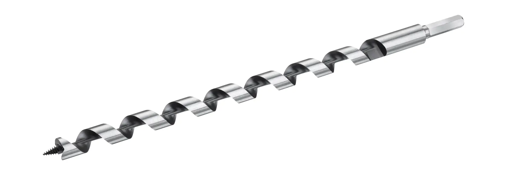 STANLEY STA52170 auger drill bit, silver and black, side angle, photography on white background.